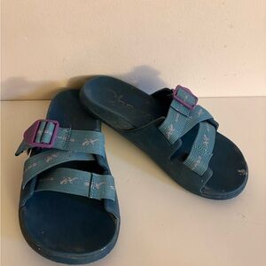 Chaco Teal Sandals with Purple Buckles